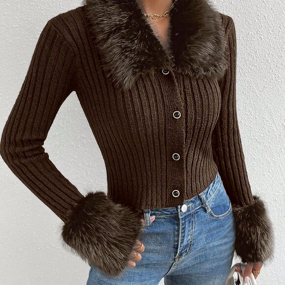 Coffee Brown Casual Women's Borg Collar Fuzzy Cuff Cardigan - Picture 8 of 8